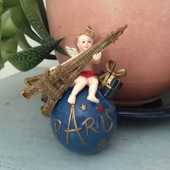 Vintage Christmas Ornament | Angel holding Eiffel Tower - Picture 1 of 6